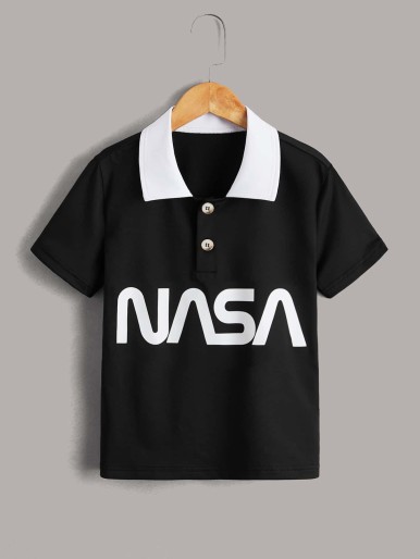 Boys Letter Graphic Half Button Polo Shirt