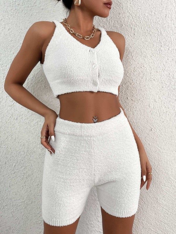 Button Front  Fuzzy Crop Knit Top And Shorts Set