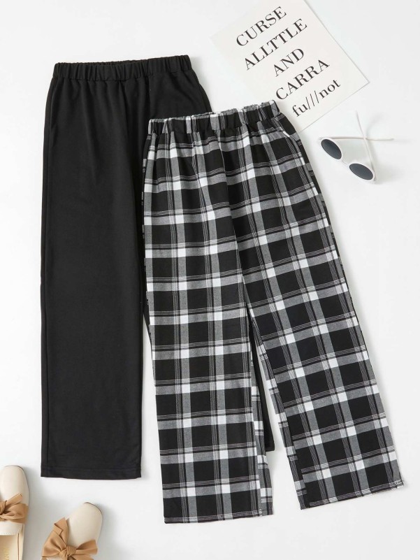 Girls 2pcs Plaid Print Elastic Waist Pants