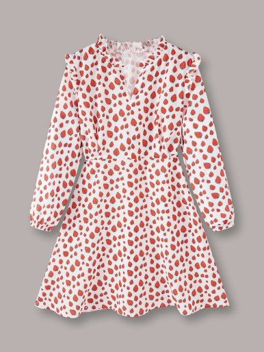 Girls Allover Strawberry Print Ruffle Trim Dress