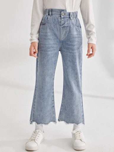 Girls Asymmetrical Waist Raw Hem Flare Leg Jeans