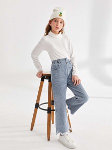 Girls Asymmetrical Waist Raw Hem Flare Leg Jeans