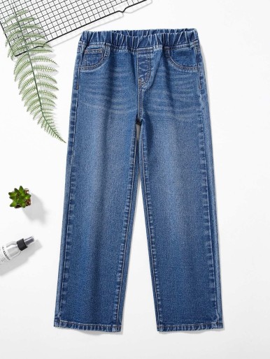 Girls Bleach Wash Elastic Waist Straight Leg Jeans