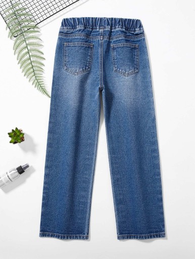 Girls Bleach Wash Elastic Waist Straight Leg Jeans