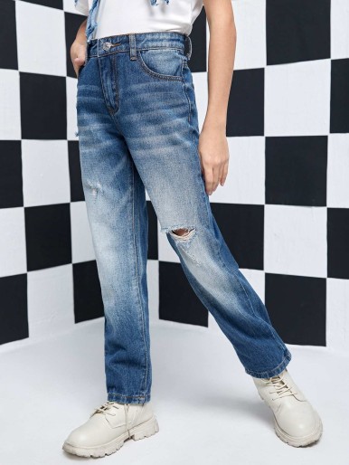 Girls Bleach Wash Ripped Frayed Straight Leg Jeans