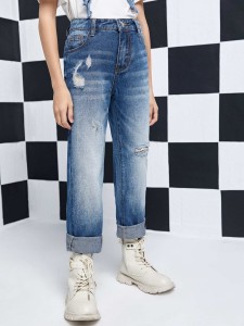 Girls Bleach Wash Ripped Frayed Straight Leg Jeans