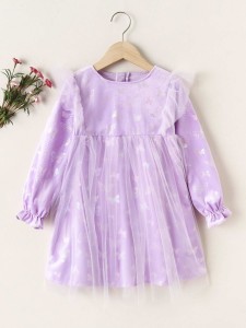 Girls Butterfly Print Flounce Sleeve Contrast Mesh Dress