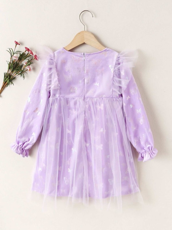 Girls Butterfly Print Flounce Sleeve Contrast Mesh Dress