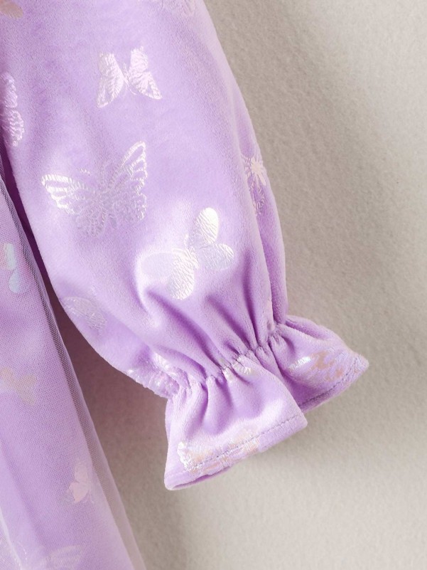 Girls Butterfly Print Flounce Sleeve Contrast Mesh Dress