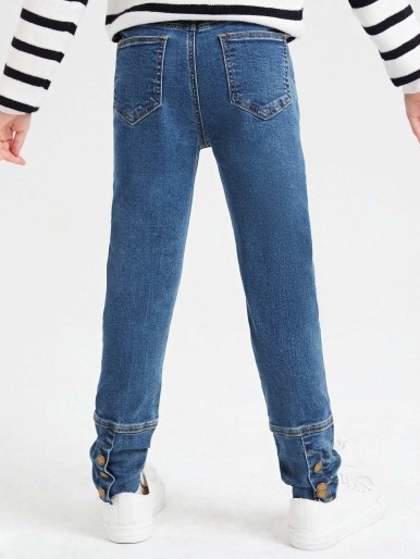 SHEIN Girls Button Detail Washed Jeans