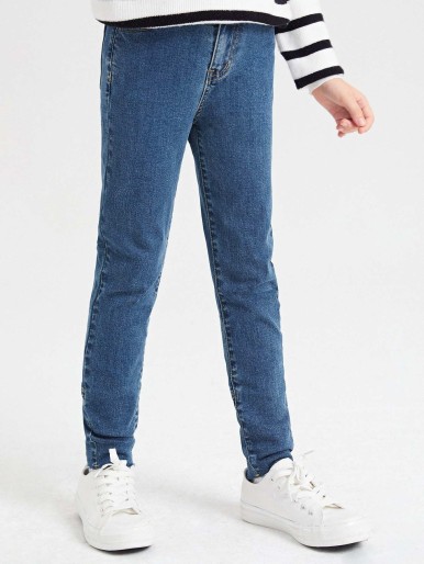 SHEIN Girls Button Detail Washed Jeans