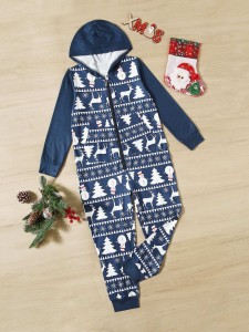 Girls Christmas Print Zipper Hooded Jumpsuit