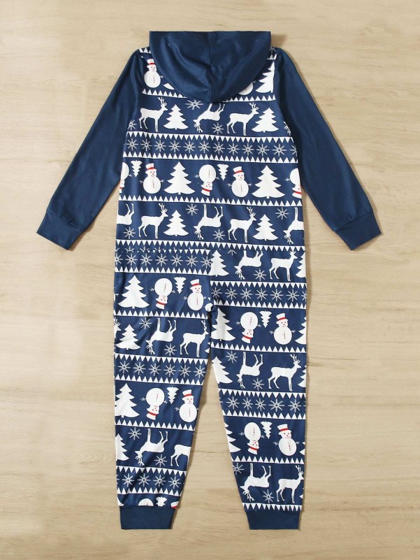 Girls Christmas Print Zipper Hooded Jumpsuit