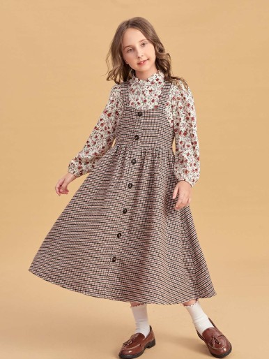 SHEIN Girls Ditsy Floral Print Blouse & Plaid Print Wool-Mix Dress