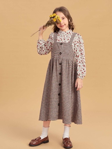 SHEIN Girls Ditsy Floral Print Blouse & Plaid Print Wool-Mix Dress