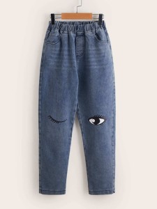 Girls Eye & Eyelash Print Elastic Waist Jeans