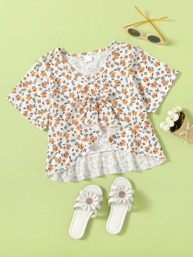 Girls Floral Bow Front High Low Peplum Tee