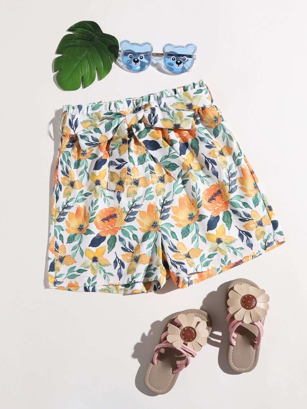 Girls Floral Print Belted Shorts