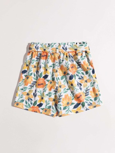 Girls Floral Print Belted Shorts