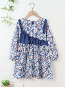 Girls Floral Print Frill Trim Lantern Sleeve Dress