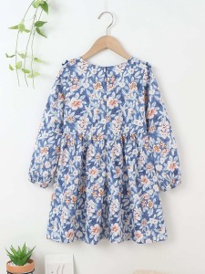 Girls Floral Print Frill Trim Lantern Sleeve Dress