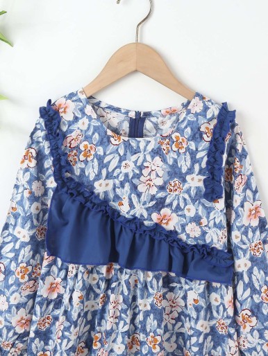 Girls Floral Print Frill Trim Lantern Sleeve Dress