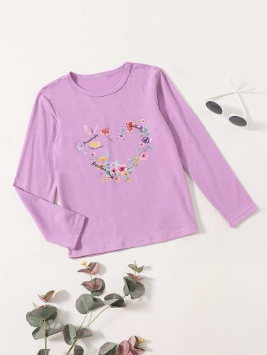 Girls Flower And Letter Graphic Tee
