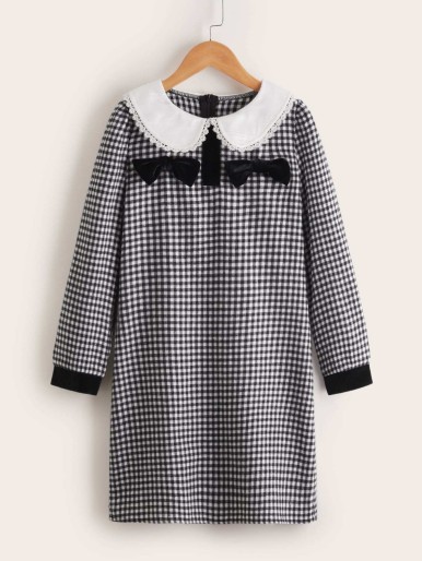 Girls Gingham Print Contrast Collar Bow Front Dress
