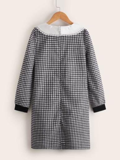 Girls Gingham Print Contrast Collar Bow Front Dress