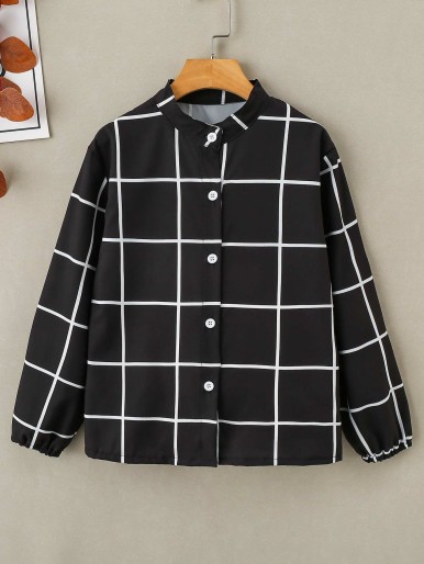 Girls Grid Print Lantern Sleeve Blouse