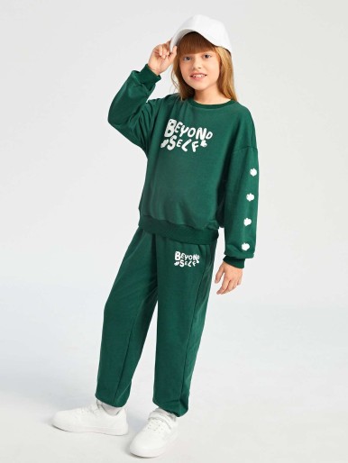 SHEIN Girls Heart And Letter Graphic Drop Shoulder Sweatshirt & Sweatpants