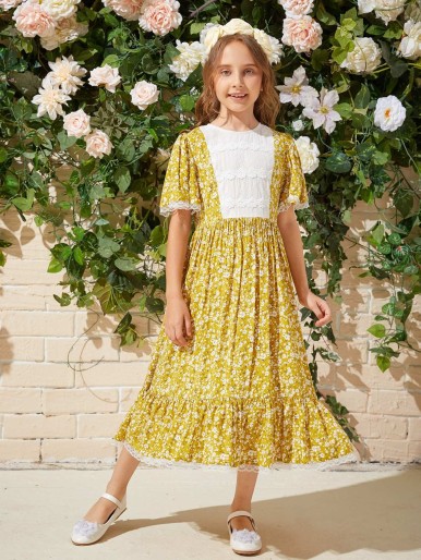 SHEIN Girls Lace Detail Ruffle Hem Ditsy Floral Colorblock Dress