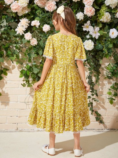 SHEIN Girls Lace Detail Ruffle Hem Ditsy Floral Colorblock Dress