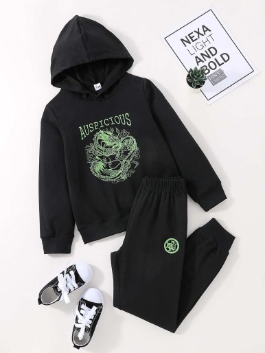 Girls Letter And Chinese Dragon Graphic Hoodie & Sweatpants