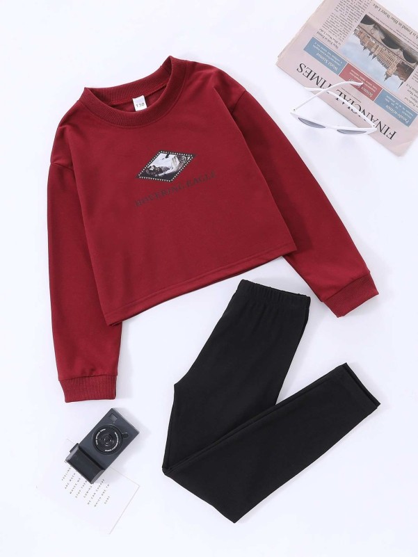 Girls Letter And Scenery Print Pullover & Leggings