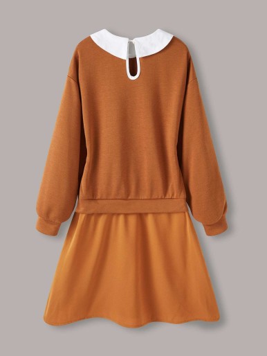 Girls Letter Graphic Contrast Collar Drop Shoulder Sweatshirt Dress