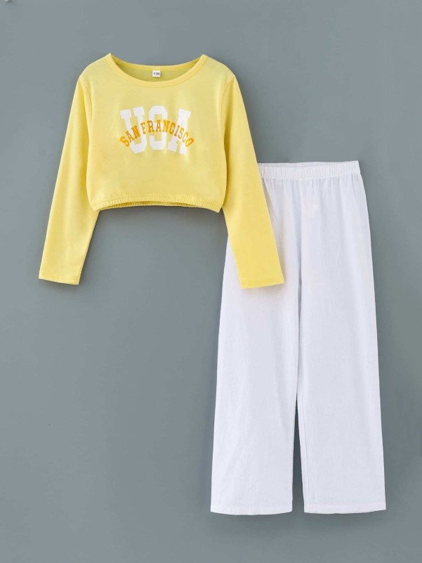 SHEIN Girls Letter Graphic Crop Top & Pants Set