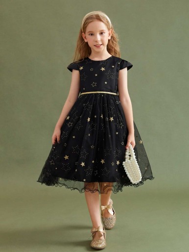 Girls Lettuce Trim Belted Star Mesh Gown Dress