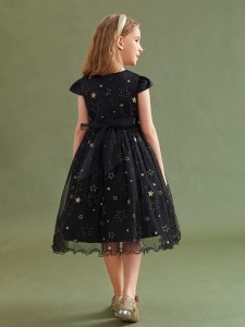 Girls Lettuce Trim Belted Star Mesh Gown Dress