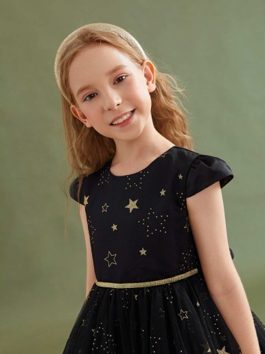 Girls Lettuce Trim Belted Star Mesh Gown Dress