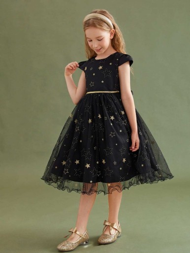 Girls Lettuce Trim Belted Star Mesh Gown Dress