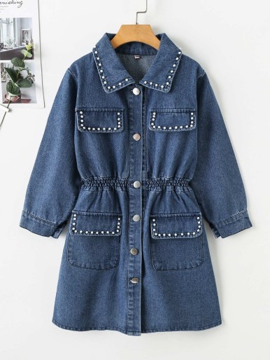 Girls Pearls Beaded Flap Pocket Shirred Waist Denim Shirt Dress