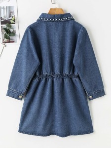 Girls Pearls Beaded Flap Pocket Shirred Waist Denim Shirt Dress