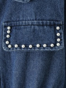 Girls Pearls Beaded Flap Pocket Shirred Waist Denim Shirt Dress