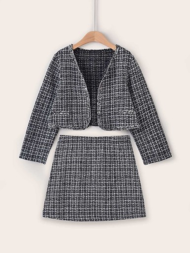 Girls Plaid Pattern Raw Trim Tweed Jacket & Skirt