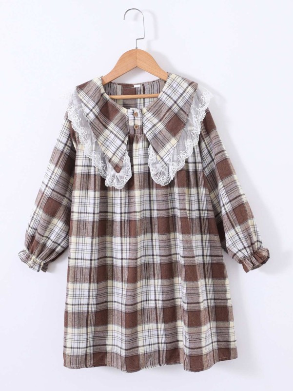 Girls Plaid Print Statement Collar Flounce Sleeve Dress