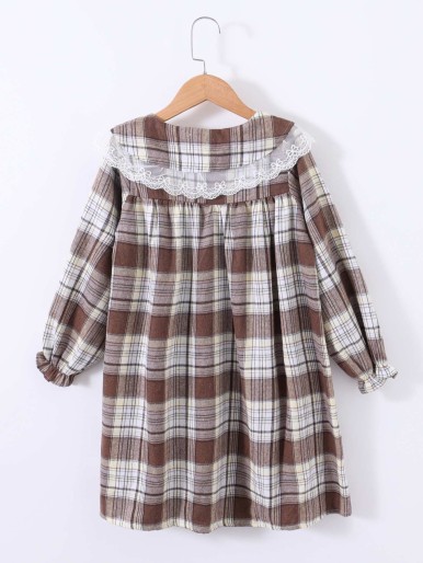 Girls Plaid Print Statement Collar Flounce Sleeve Dress