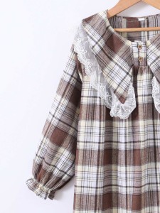 Girls Plaid Print Statement Collar Flounce Sleeve Dress