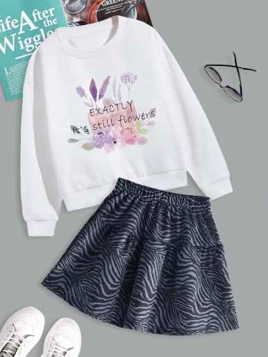 Girls Slogan And Floral Print Pullover & Zebra Striped Skirt