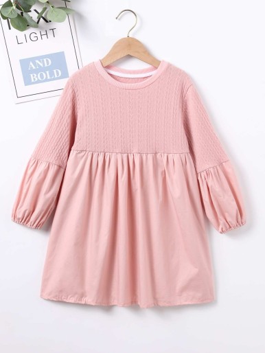 Girls Solid Lantern Sleeve Dress